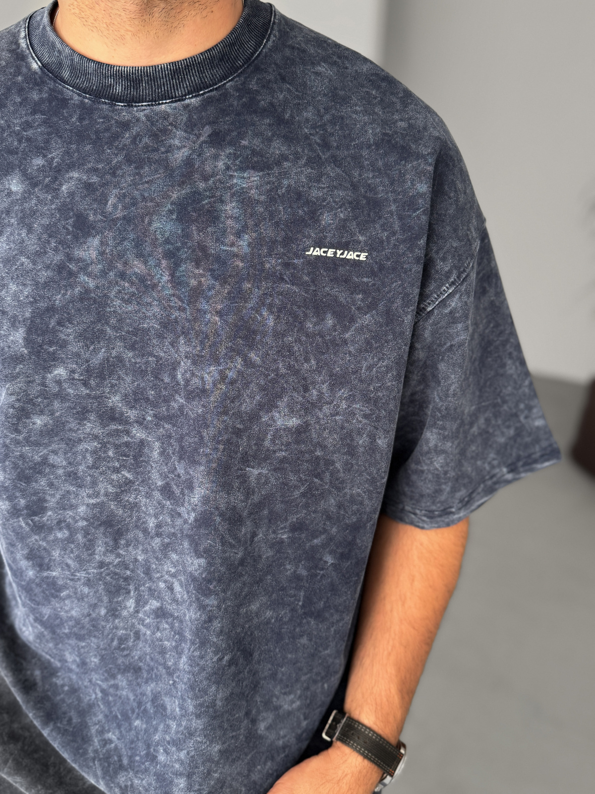 Lacivert Yıkamalı Kabartmalı Oversize T-Shirt JJ-201
