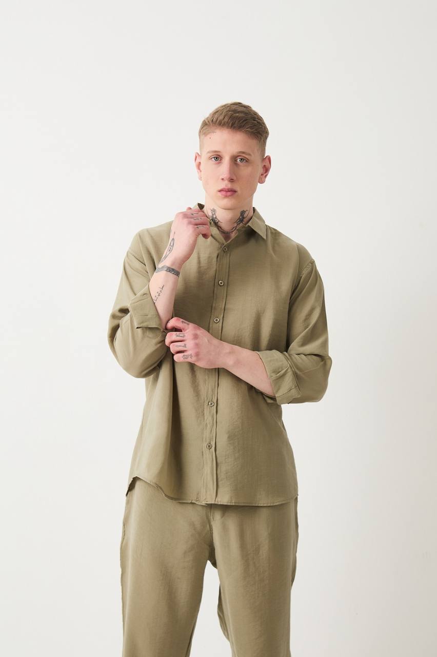 Lıyosel Kumaş Oversize Haki Rengi Gömlek
