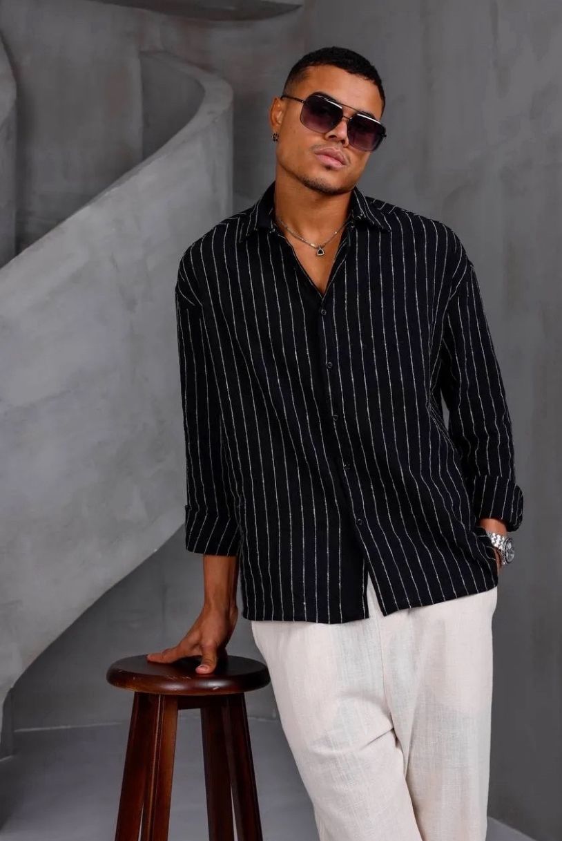 Çizgili Oversıze Keten Gömlek-Siyah