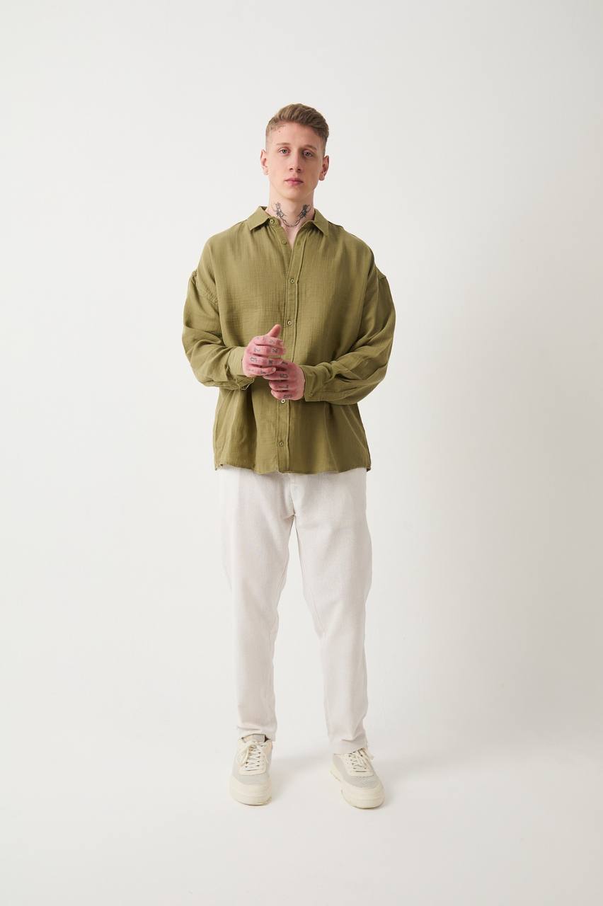 Müslin Kumaş Oversize Haki  Gömlek