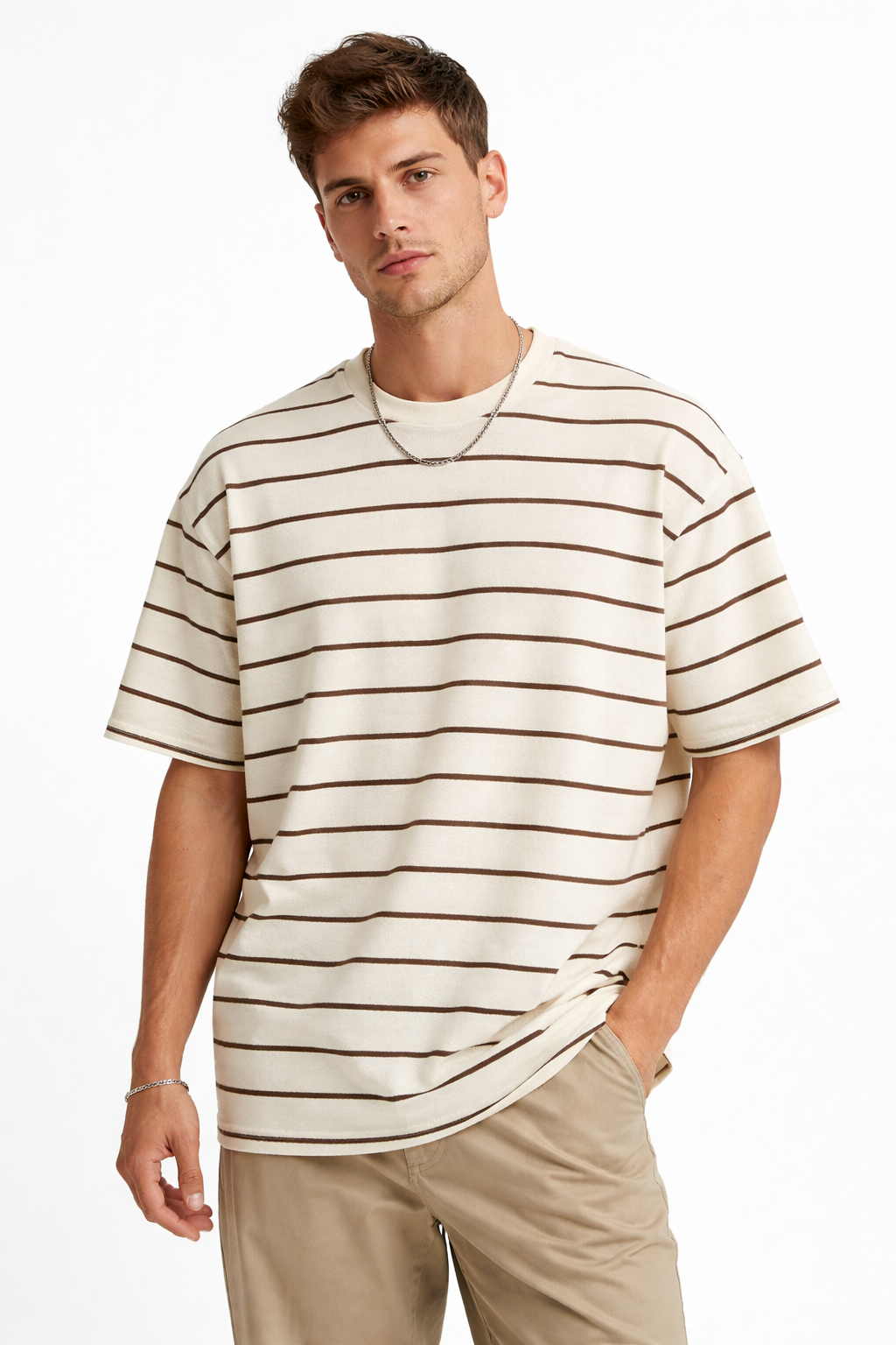 Çizgili Yarım Overszıe T-shirt Kahve