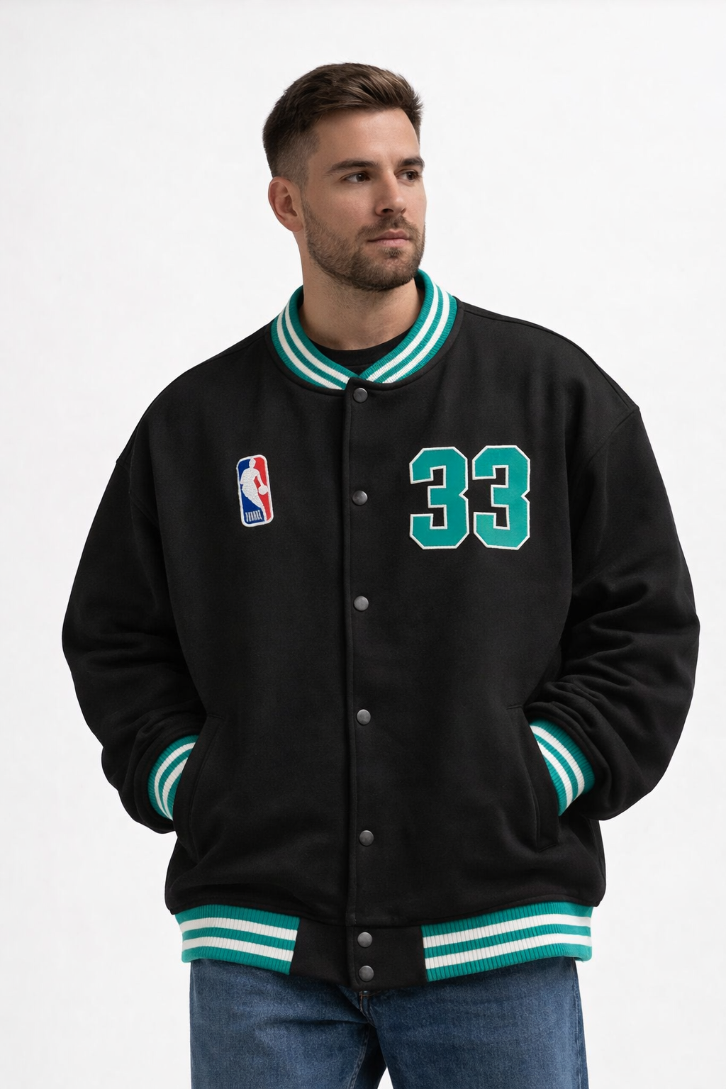 Unisex Kolej Ceket Rahat Kesim Düğmeli Günlük Oversize Bomber Ceket-Siyah