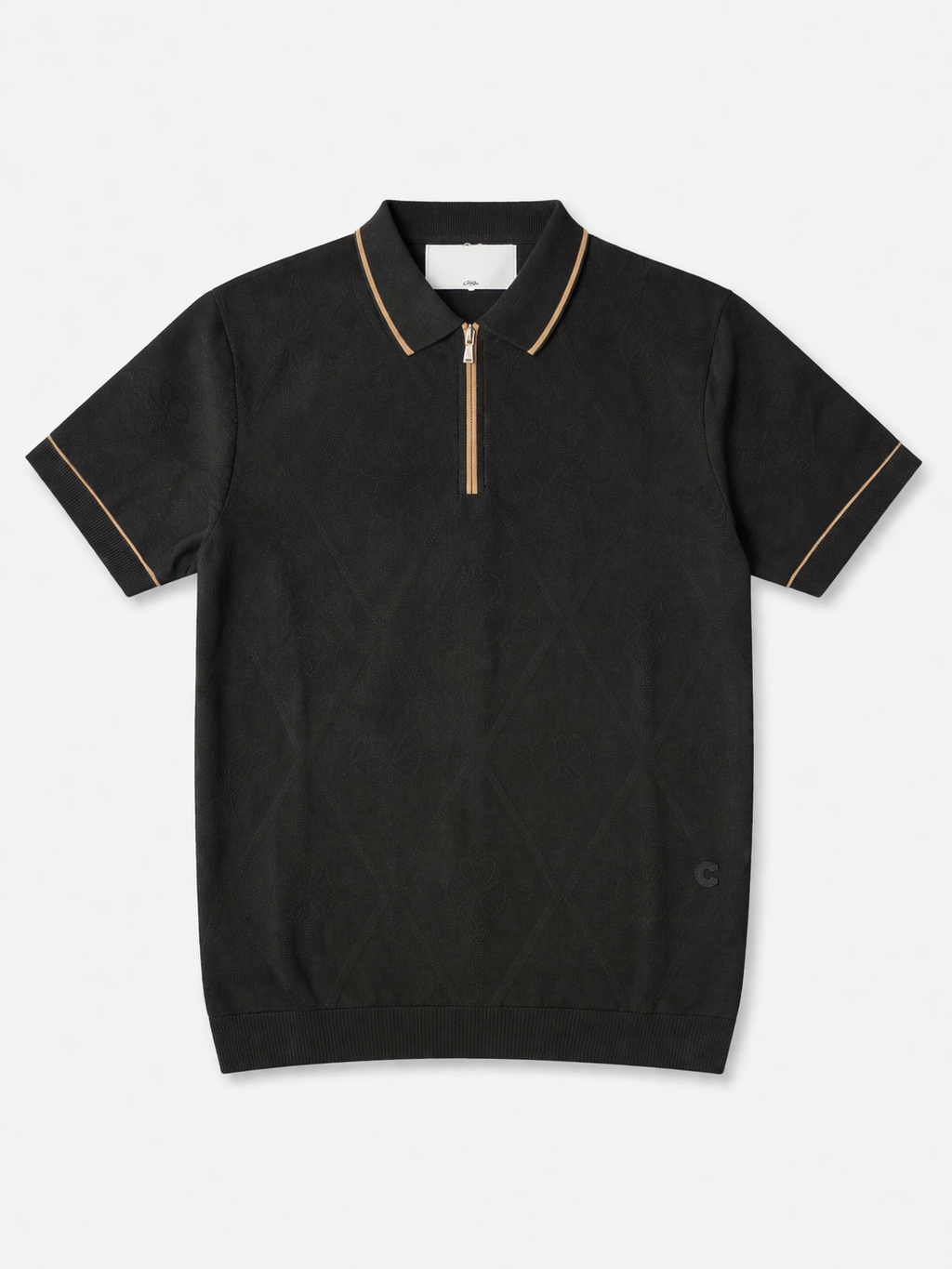 Fermuarlı Erkek Triko Tişört-Siyah