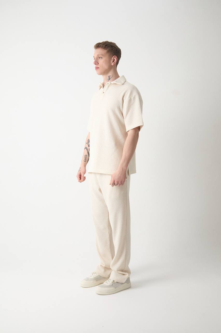 Düğmeli Örme Polo Yaka Oversize Tişört – krem