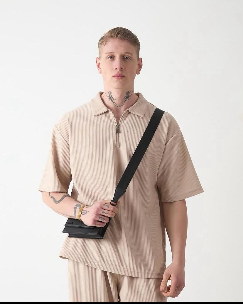 Bej Oversize Polo Yaka T-shirt
