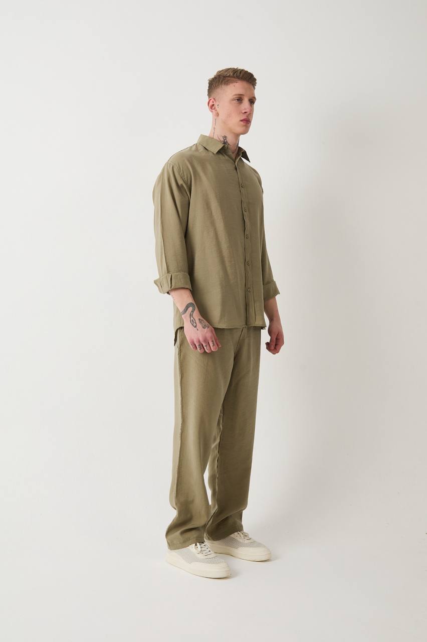 Lıyosel Kumaş Oversize Haki Rengi Gömlek