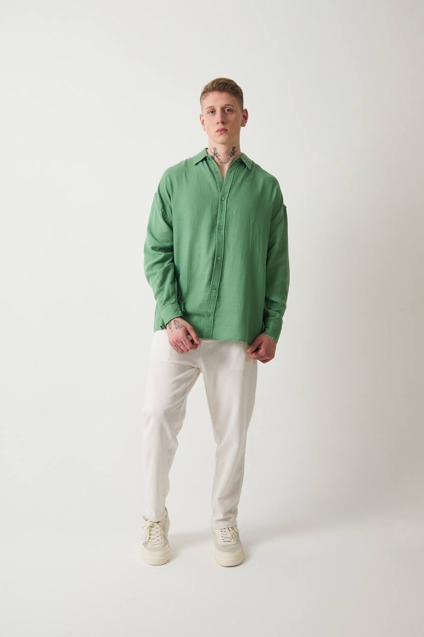Müslin Kumaş Oversize Yeşil Gömlek