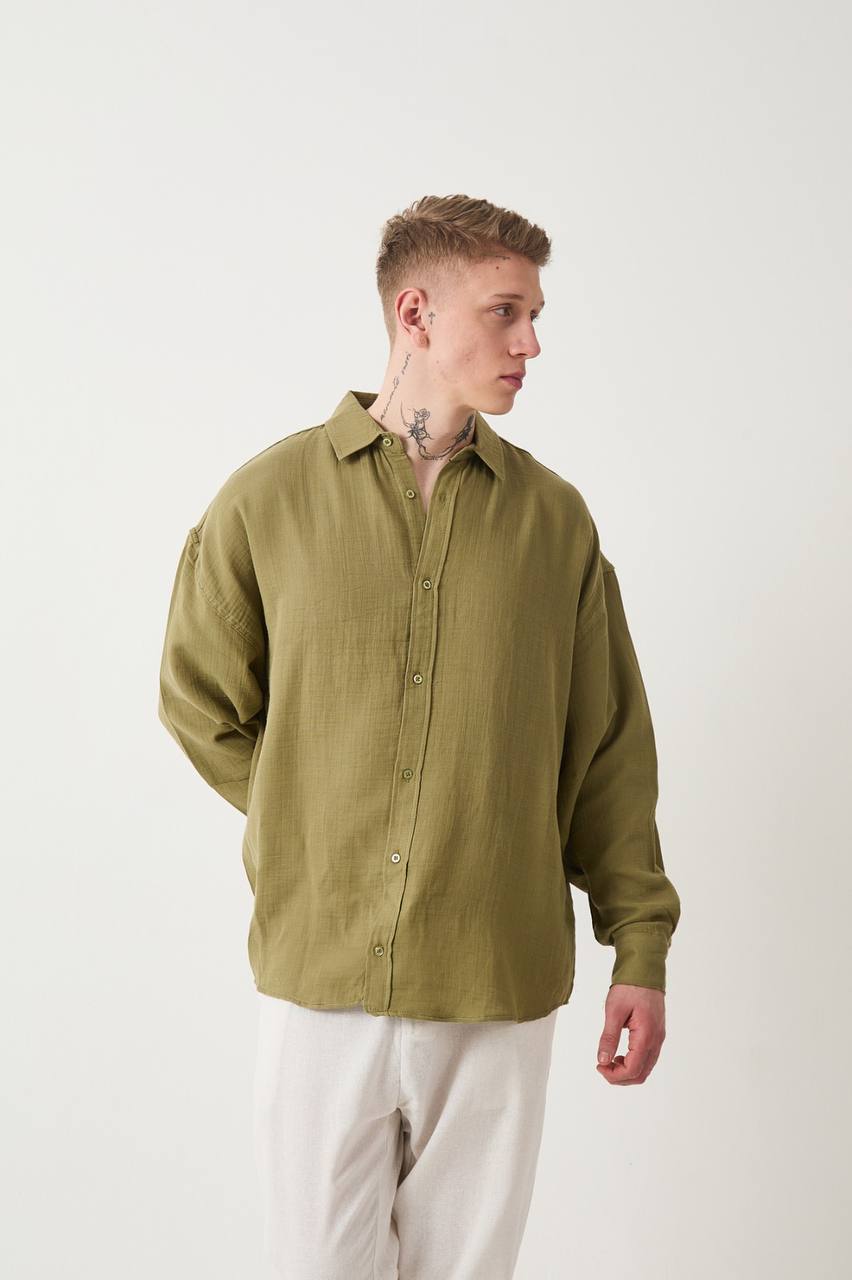 Müslin Kumaş Oversize Haki  Gömlek