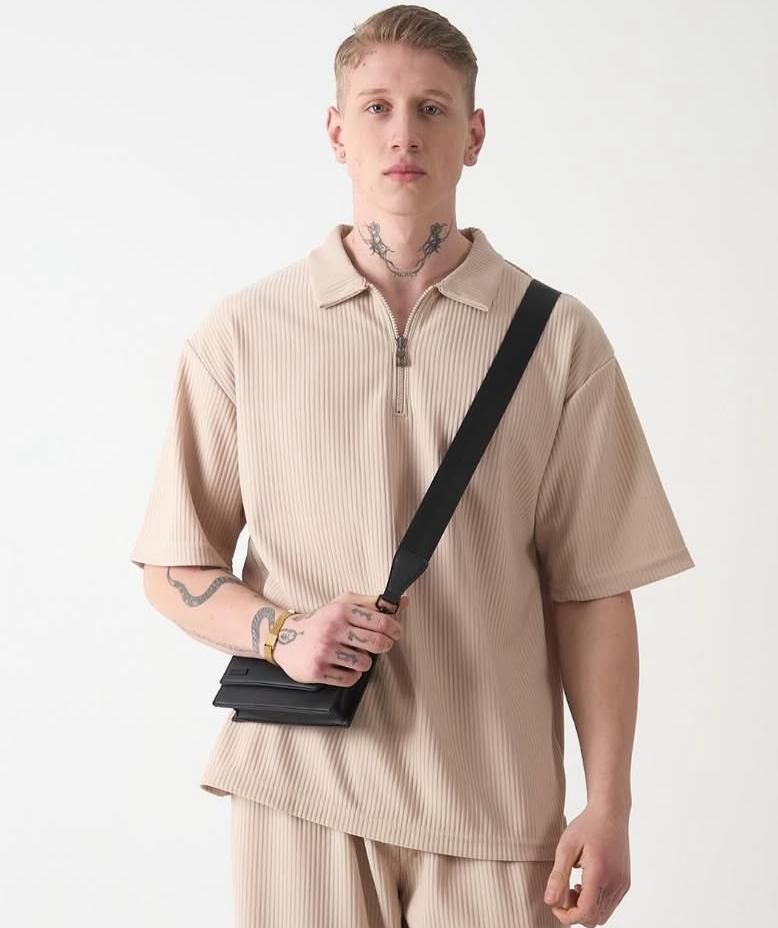 Yaka Fermuarlı Oversıze Ottoman T-Shırt-Bej