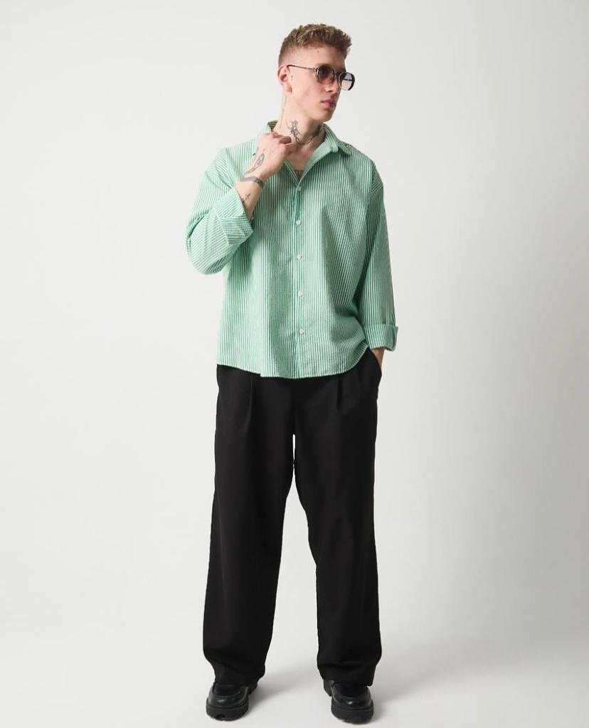 Oversize Gofre Kumaş Yeşil Çizgili Gömlek