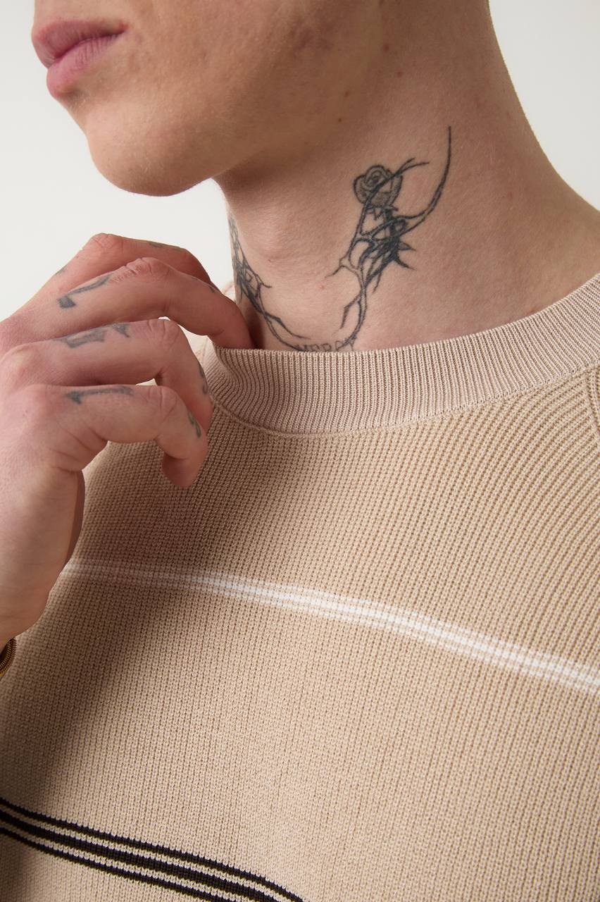 28149 Triko Çİzgili Oversıze T-shirt Bej