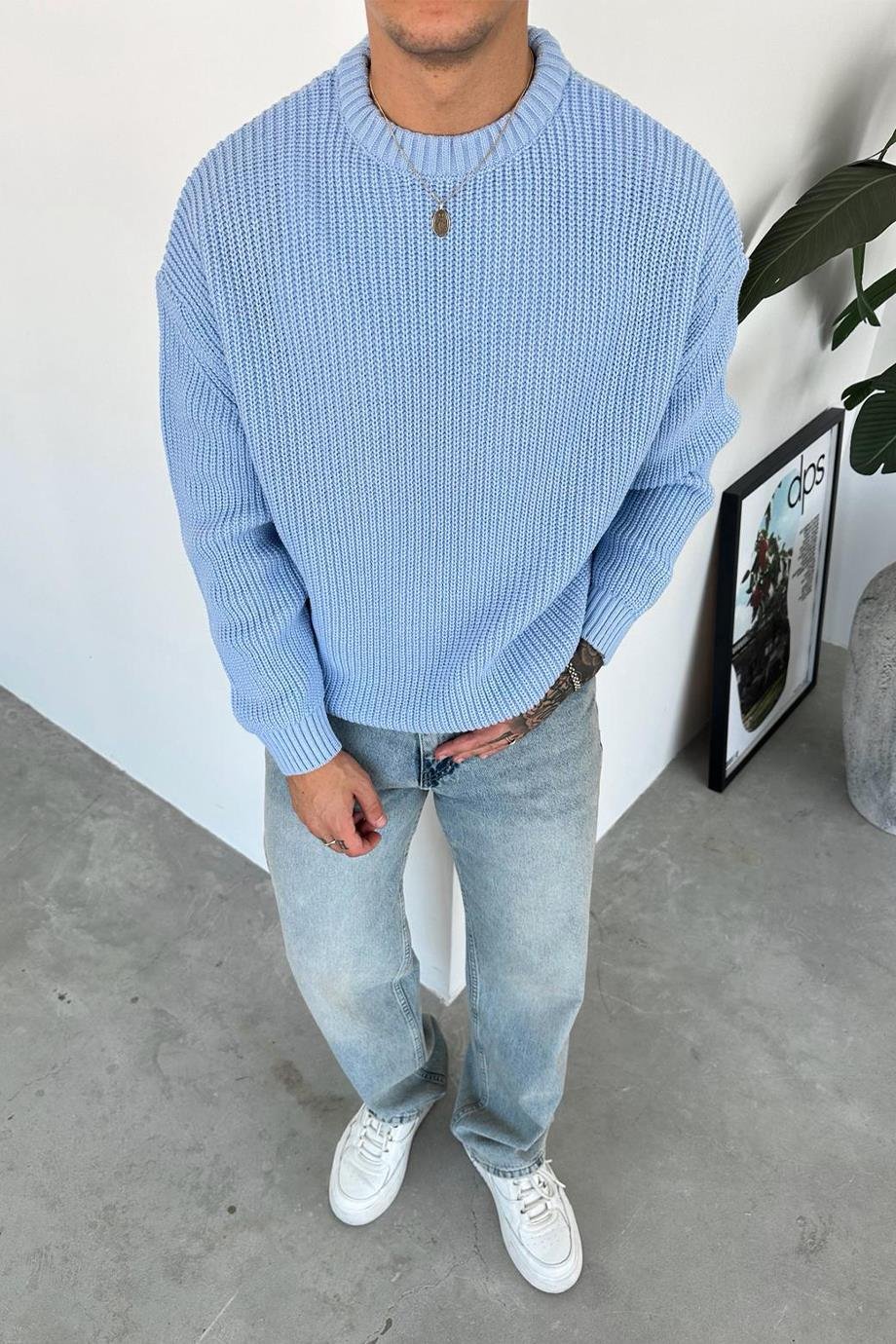 Bebe Mavi Örme Desen Oversize Triko Kazak