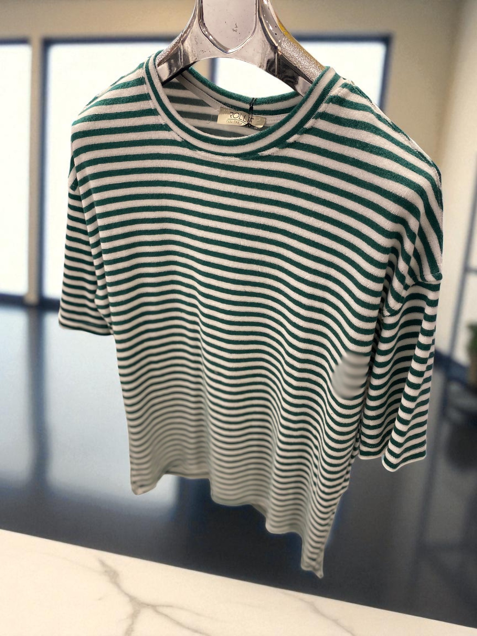 Çizgili Basic Oversize Unisex Tshirt-Yeşil