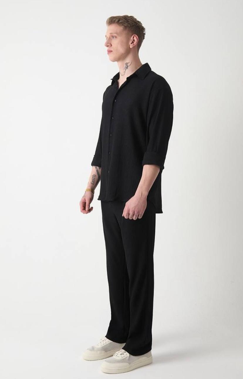Siyah Oversize Bürümcük Kumaş Gömlek